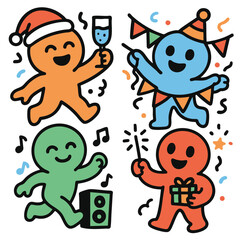 Festive colorful characters celebrating with music, gifts, confetti and party hats