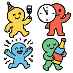 Party characters celebrating with clock and bottle