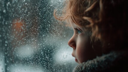 Child Girl with Curly Hair Looking Out Rainy Window in Soft Natural Light