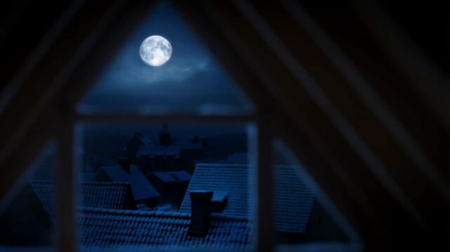 View from the attic window of the moon above the snow-covered roofs of the town in the blue light of the night, concept of a fairytale winter night