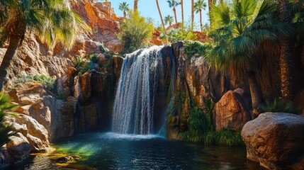 Secluded waterfall in a desert oasis, palm trees, red rock canyon, contrasting vibrant colors, midday sun