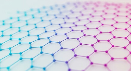 Futuristic abstract visualization of an interconnected hexagonal network structure, depicting advanced technological innovation and molecular lattice patterns with a vibrant gradient