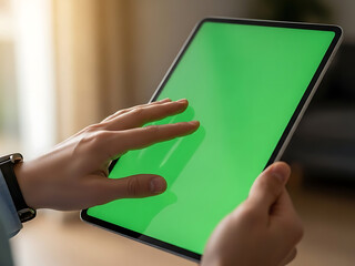 Close-up of a person's hands holding and interacting with a tablet featuring a green screen for custom content.