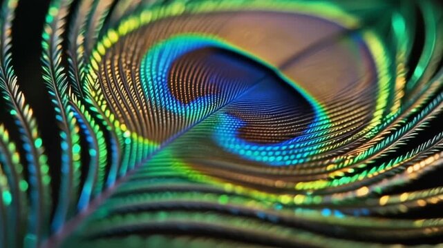 Vibrant and iridescent peacock feather showcasing its detailed eye pattern and rich colors against a soft bokeh background in a close-up view.