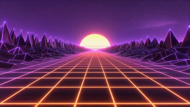 Vibrant retro-futuristic digital landscape features a glowing neon grid road extending towards a bright sun on the horizon, flanked by abstract polygonal mountains under a purple starry sky,