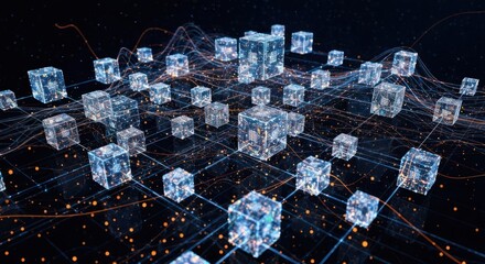 Interconnected cubes form a network with glowing orange lines, dark background