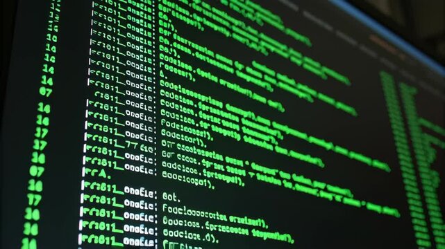 Chaotic virus code on terminal screen concept. The image features green text on a black background displaying complex programming syntax.