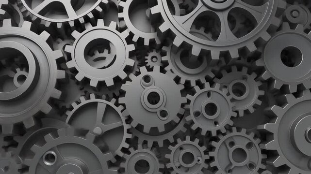 Seamless pattern of intricate metallic gears and cogs interlocked in a complex mechanical system, representing industry, engineering, and precision.