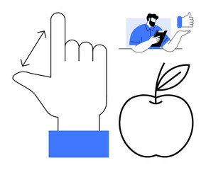 Measurement, user interface, wellness, healthy habits, online interaction, lifestyle choices. Large hand gesture measuring with arrows, man on phone and apple. Measurement and user interface concept