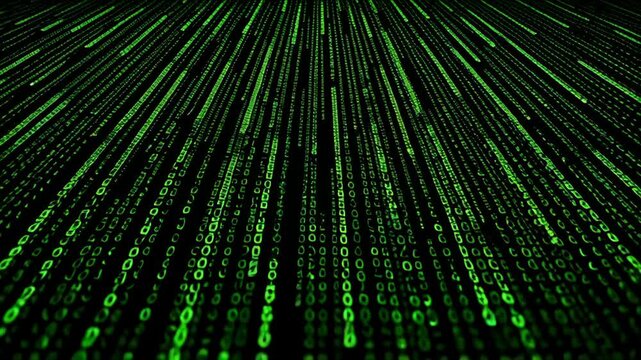Chaotic virus code on terminal screen concept. Glowing green lines of code create a digital landscape, suggesting a high-tech environment.