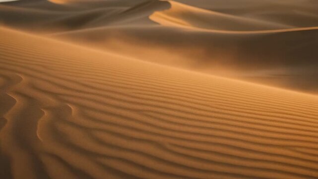 Close-up view of wind-sculpted sand dunes showcasing natural ripples and patterns in a desert landscape during golden hour.