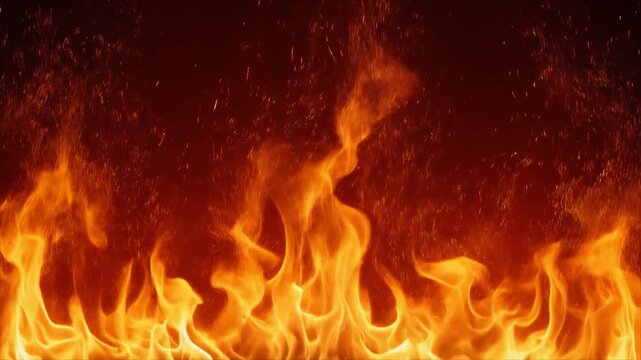 Dynamic background of intense orange and red fire flames with rising sparks, creating a powerful and energetic texture.