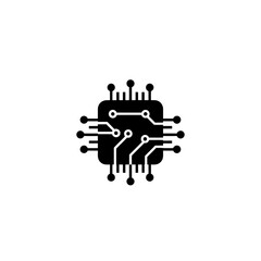 A black silhouette icon of a microchip or integrated circuit with pins and circuit traces, representing technology and computing.