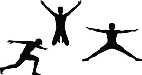 Dynamic athletic silhouettes jumping and stretching poses isolated on white background fitness movement action strength energy concept training inspiration motion