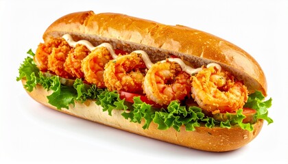 Closeup detail of fried shrimp sandwich filling and sauce