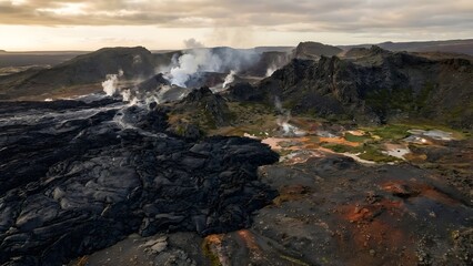 Volcanic Landscape with Lava and Smoke.