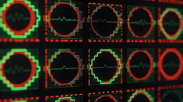 Chaotic virus code on terminal screen concept. Abstract digital patterns in green and red, reminiscent of coding and data visualization.