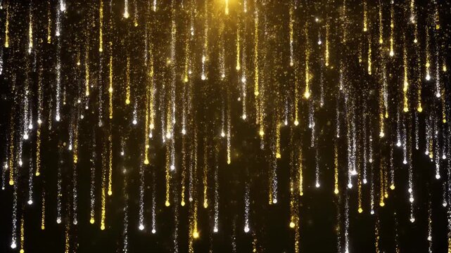 Abstract background with shimmering golden and silver particles falling like glittering rain on a dark black backdrop, creating an elegant and festive dynamic effect.