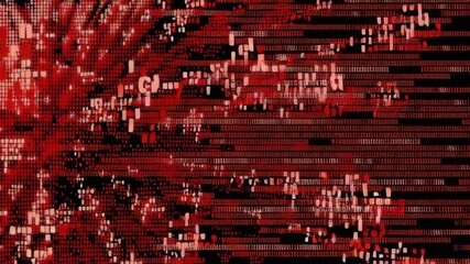 Chaotic virus code on terminal screen concept. A digital representation of a virus structure intertwined with binary code on a dark background. - Powered by Adobe