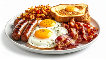 Hearty breakfast plate with fried eggs bacon sausage