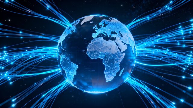 Glowing fiber optic lines wrapping around a digital earth globe, symbolizing global internet connection. - Powered by Adobe