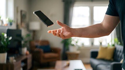 Person Using Smartphone in Modern Living Room.