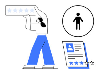 Person holding five-star rating, profile document, and user icon. Ideal for recruitment, performance review, personal branding, customer feedback, evaluation self-improvement teamwork. Modern flat
