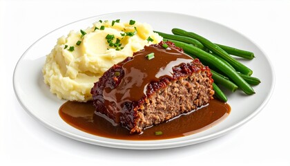 Meatloaf slice with mashed potatoes and brown gravy