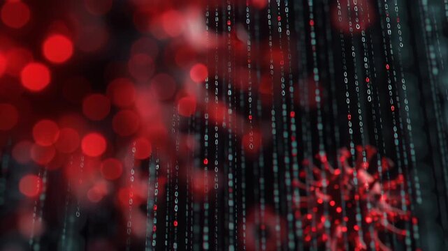 Chaotic virus code on terminal screen concept. Visual representation of a virus amidst cascading binary code.