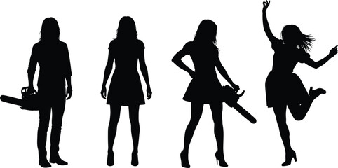 Strong female silhouettes holding chainsaw isolated on white background power confidence danger fashion concept modern woman strength attitude