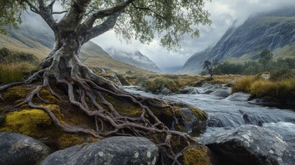 The gnarled roots of an ancient tree gripping onto a rocky highland riverbank, exposed and weathered, tenacity of nature
