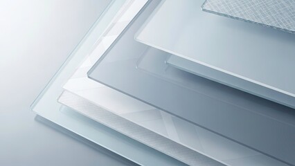 Stack of transparent glass or acrylic sheets with reflective surfaces and subtle grid patterns