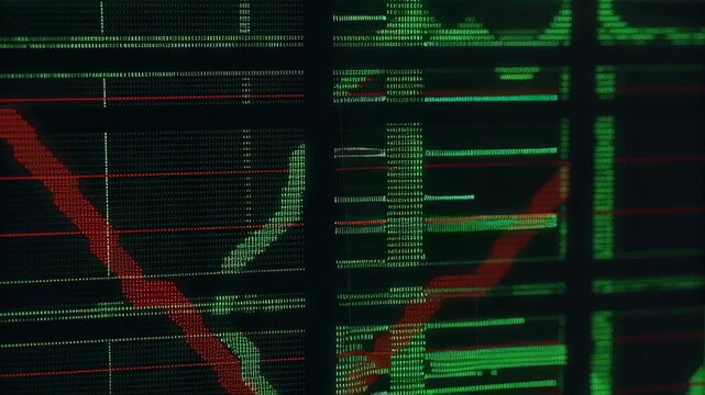Chaotic virus code on terminal screen concept. Red and green digital lines represent data fluctuations and coding patterns.