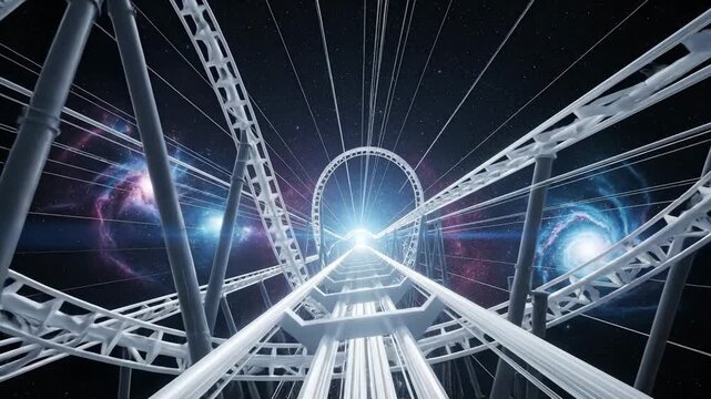 Abstract White Roller Coaster Track Against Galaxy Background with Glowing Light Effects and Blue and Purple Nebulae