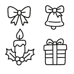 Christmas bow, bell, candle, and gift box outline icons for festive holiday decoration
