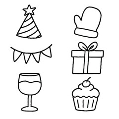 Party hat mitten bunting gift wine glass cupcake celebration festive outline cheerful