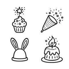Cupcake, party popper, bunny ear hat, and birthday cake doodle icons for festive celebration