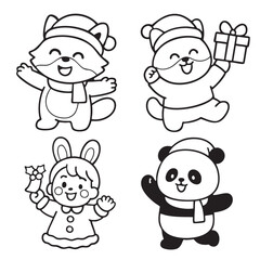 Cute animal characters wearing winter hats and scarves, joyful holiday celebration