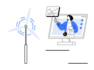 Renewable energy learning. Renewable energy education highlighted with a wind turbine and online teaching. Renewable energy for sustainability, e-learning, clean energy initiatives, and STEM