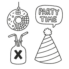 Party time doodle with disco ball, party hat, drink bottle, and festive speech bubble