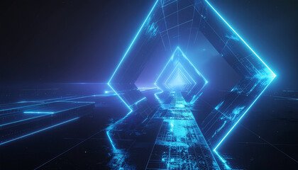 A futuristic neon-lit tunnel with glowing blue geometric shapes and a digital pathway.