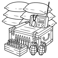 Obraz premium Black and White Military Gear: A collection of military equipment including ammunition, grenades, a radio, and bedding, presented in stark monochrome.