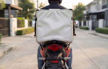 Delivery Bag Mockup on Motorcyclist Back Riding on Street