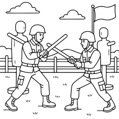 Obraz premium Training Battle Scene: An illustration depicts soldiers engaged in a training exercise, wielding batons in a dynamic confrontation, set amidst a military training ground with a flagpole.