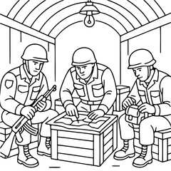 Obraz premium Military Strategy Session: Inside a bunker, soldiers meticulously review a tactical map, preparing for a mission while a soldier attentively examines equipment, focused on upcoming action.