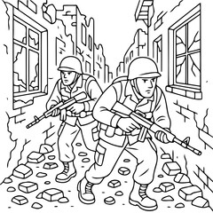 Obraz premium Soldier's March through Ruins: Two soldiers advance cautiously through a war-torn urban landscape, their faces etched with determination amidst the rubble.