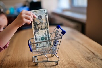 Child placing money in miniature shopping cart