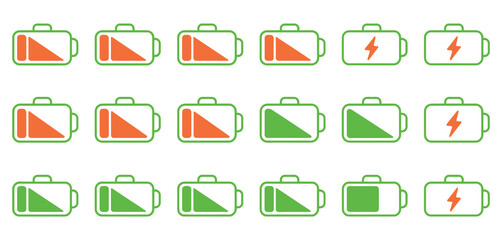Battery Charge Level Icons Set, a modern vector collection featuring low, medium, full, charging, and headphone battery symbols in green and red for interface and device status design.