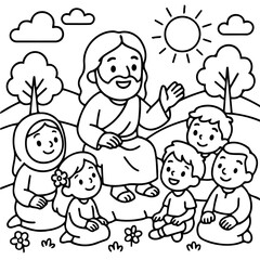 Sacred Discourse: A depiction of a spiritual figure imparting wisdom to a group of attentive children, under a radiant sun and amidst a serene landscape.