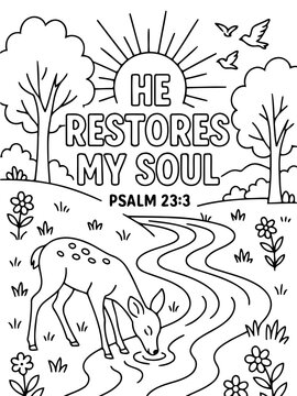 Restoration: Illustrated scene inspired by Psalm 23:3, showing a deer drinking from a stream and the sun rising, inviting contemplation and calm.